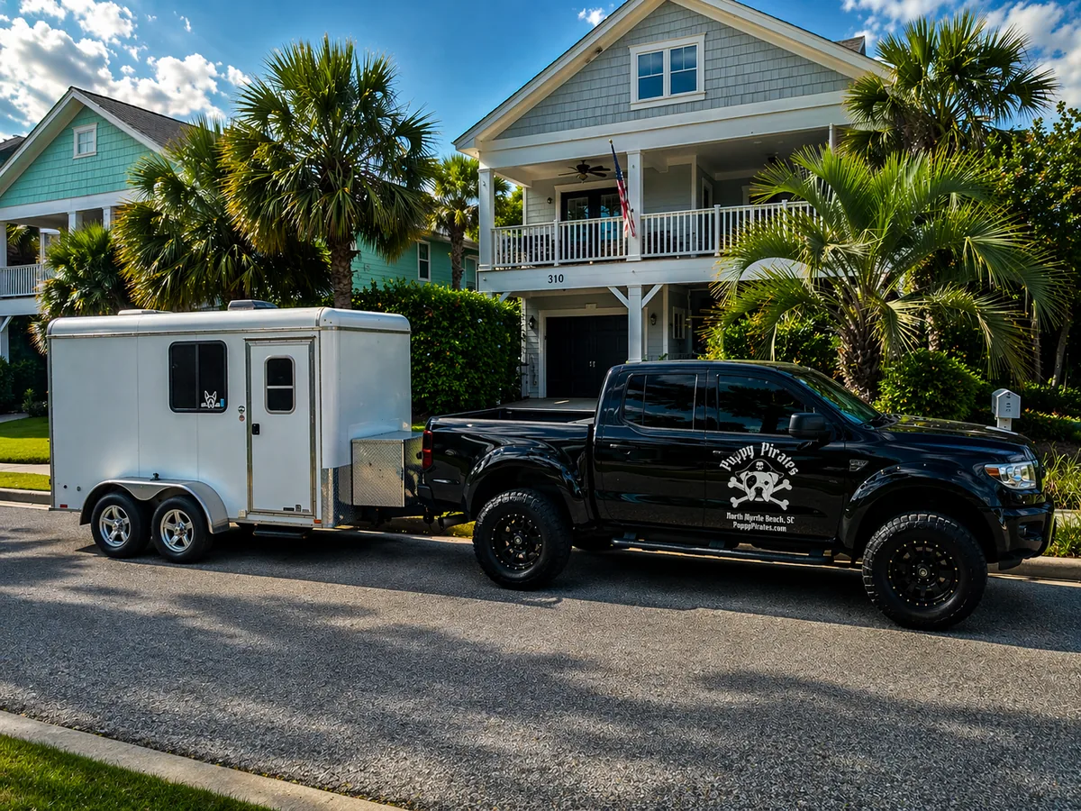 The Puppy Pirates mobile grooming trailer, a climate-controlled pet spa on wheels